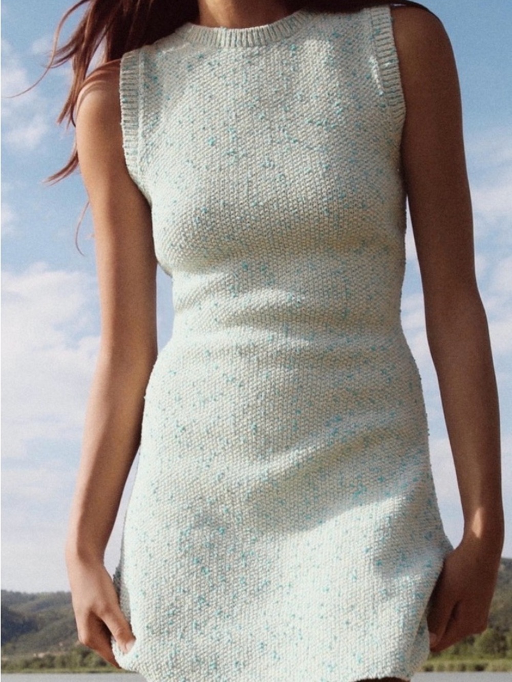 Zara Tweed Mod Mini Dress Medium M sleeveless stretch pullover textured blue